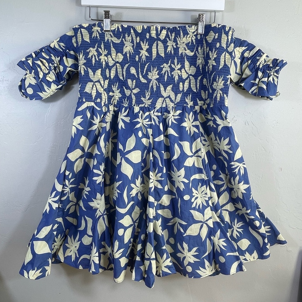 Zara Blue Cream Floral Ruffle Bandeau Off Shoulder Summer Mini Dress Size XXL